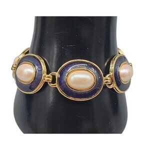 Monet Vintage Faux Pearl Bracelet Blue Enamel Gold Plated Links Size 7